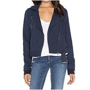 PAIGE Medium Marjorie Moto Jacket in Dark Ink Blue Cotton Linen Missing Belt